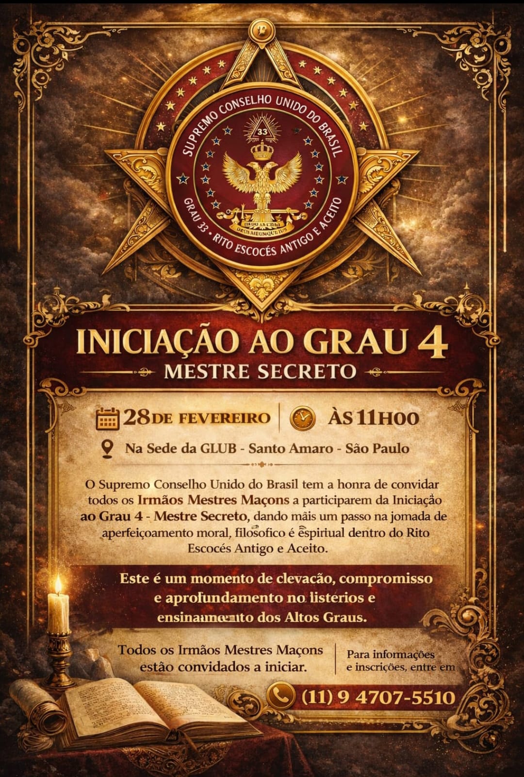 Iniciação ao Grau 4 - Mestre Secreto dia 26/02/2026 na Sede da GLUB