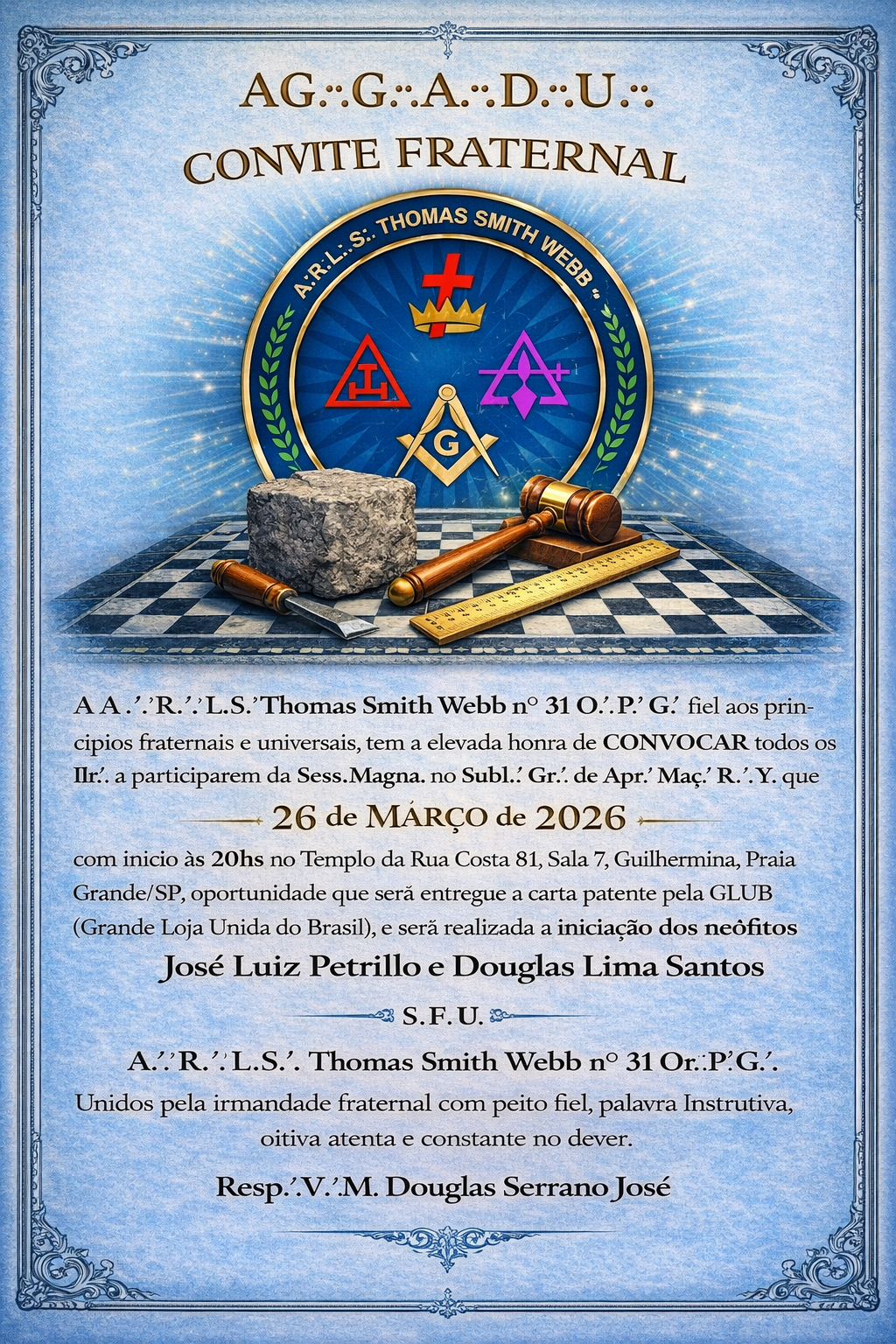 Sessão de Iniciação ao Grau 1 Rito York - Loja Thomas Smith Webb